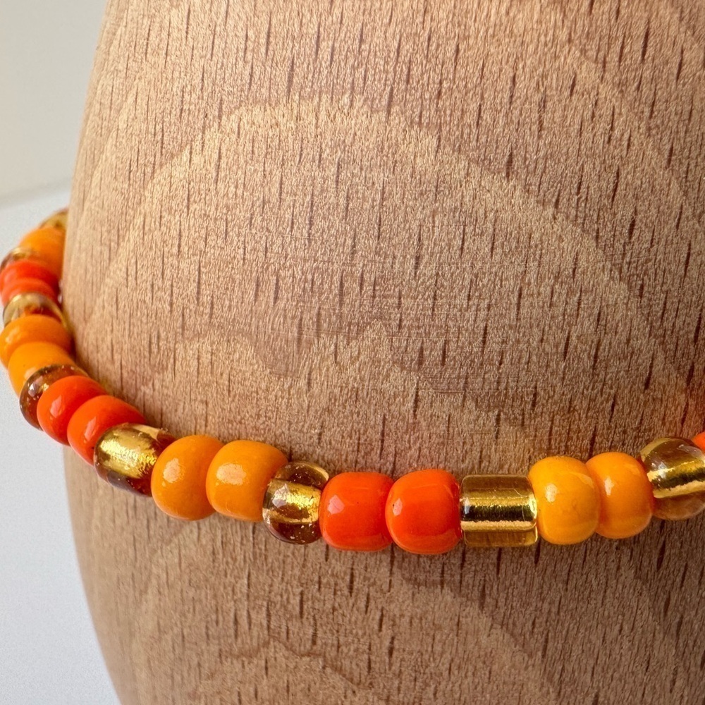 Stretch Beaded Anklet Orange Yellow and Gold - Picture 2 of 12
